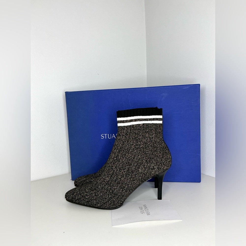 NEW $575 Stuart Weitzman Women's Waverly Sock Bootie Black Gold US 9 M